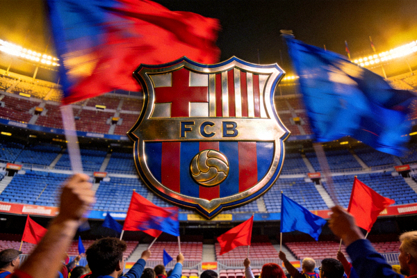 巴塞罗那队徽特写，背景是诺坎普球场看台，球迷挥舞旗帜