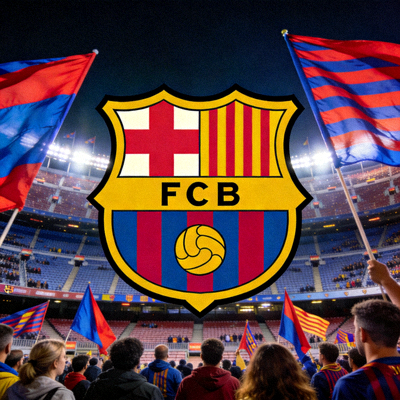 巴塞罗那队徽特写，背景是诺坎普球场看台，球迷挥舞旗帜