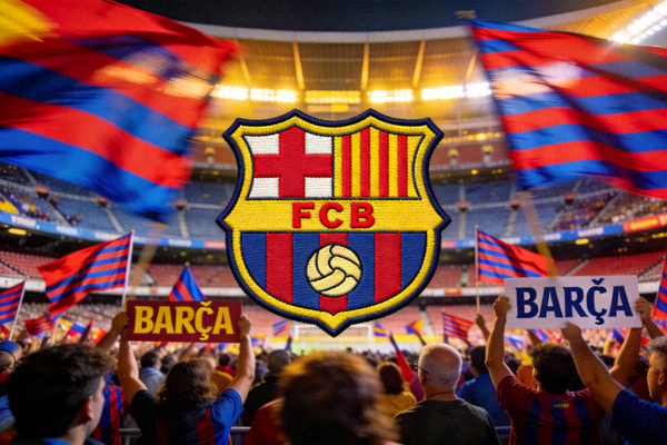 巴塞罗那队徽特写，背景是诺坎普球场看台，球迷挥舞旗帜