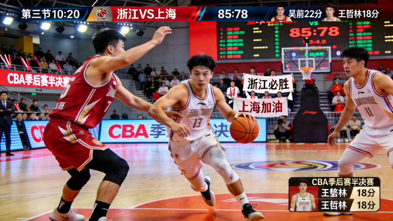 CBA季后赛半决赛浙江队与上海队比赛直播画面
