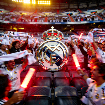 皇家马德里队徽特写，背景是伯纳乌球场看台，气氛热烈