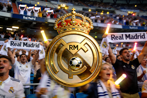 皇家马德里队徽特写，背景是伯纳乌球场看台，气氛热烈