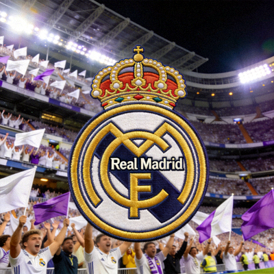 皇家马德里队徽特写，背景是伯纳乌球场看台，气氛热烈
