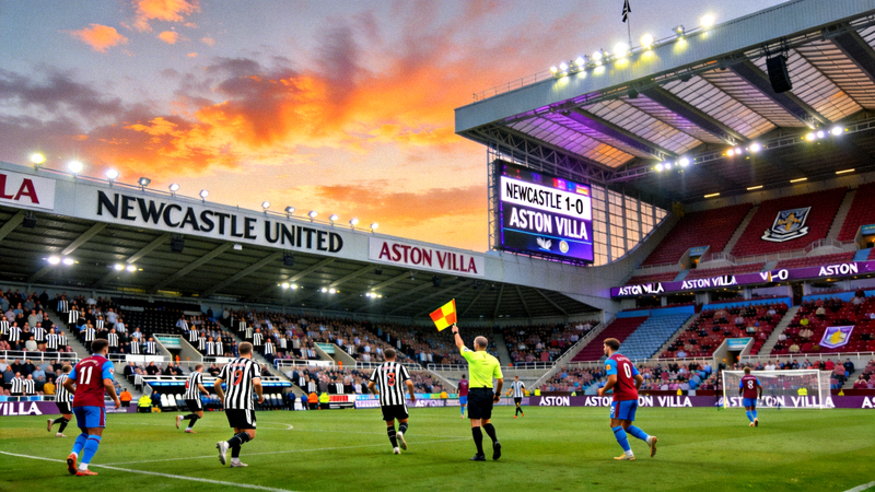 英超纽卡斯尔联对阵阿斯顿维拉的比赛直播画面，圣詹姆斯公园球场