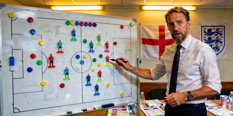 英格兰队主教练索斯盖特在战术板前讲解图片