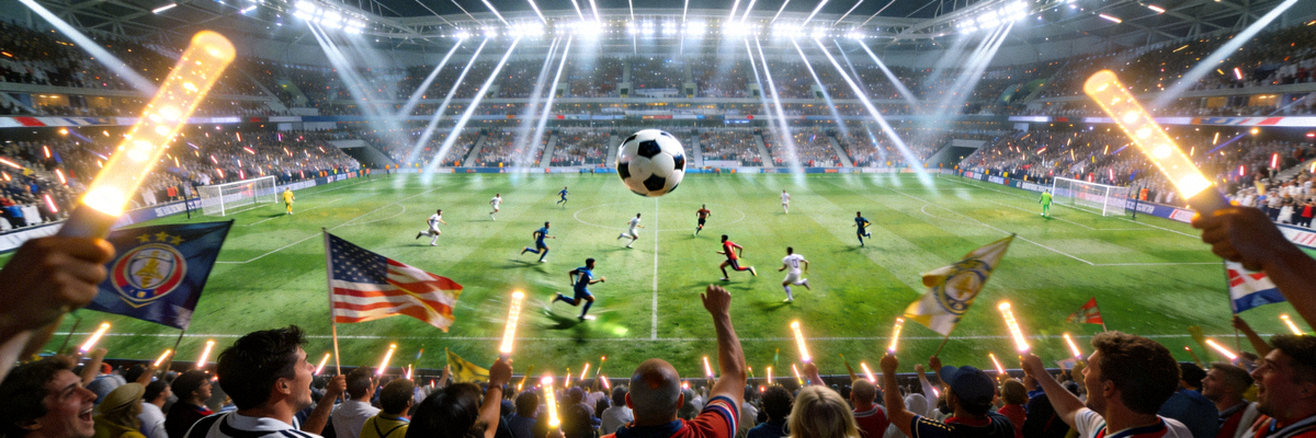 体育赛事直播画面，显示足球比赛高清镜头，观众席座无虚席